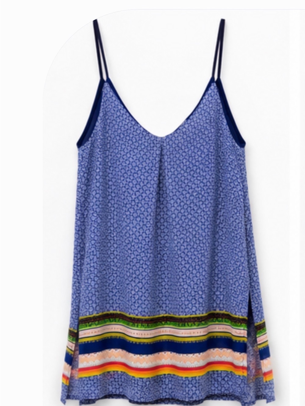 Lush Blue Printed Spaghetti Strap Swing Tunic Tank with Multicolor Hem